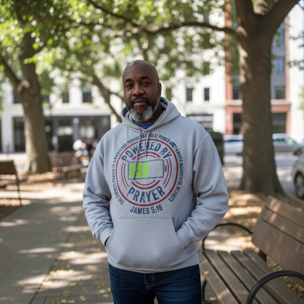 Powered By Prayer Christian Hoodie | James 5:16 Faith Apparel